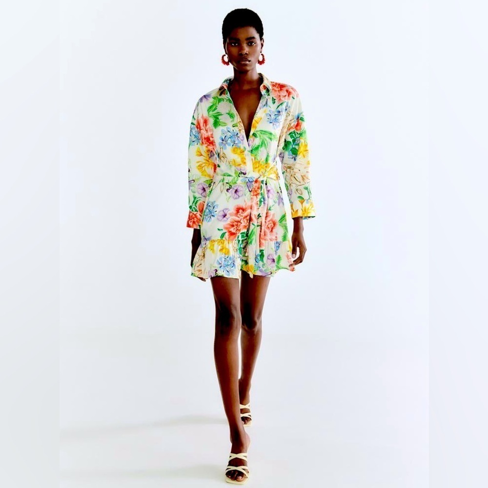 ZARA Long Sleeve Floral Button Down Dress with Front Tie Bow Satin Like Material